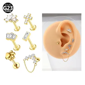 G23 Titanium Labret Stud Cross Cat Claw Design Internally Threaded Cartilage Earring Rhinestone Piercing Jewelry For Unisex