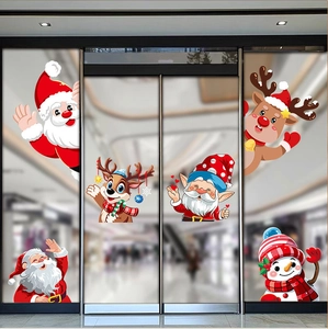 Detailed cartoon Christmas window stickers featuring Santa, reindeer, and snowman designs