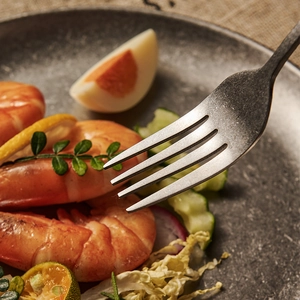 Vintage snowflake grey stainless steel fork with a brushed texture on a dinner plate