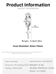 925 sterling silver cross hoop earring size guide and technical specifications