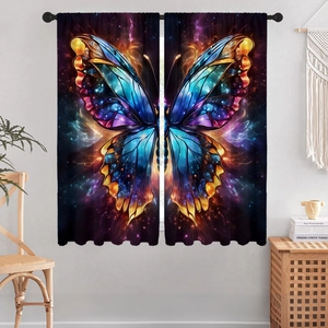 Detail of 3D digital butterfly print on curtains with dreamy blue and purple star sky tones