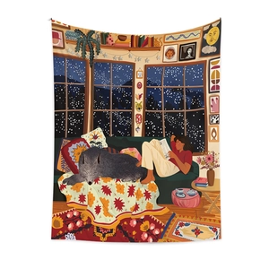 Bohemian tapestry featuring a cozy winter night reading scene with snow mountains
