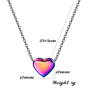 Rainbow stainless steel heart pendant necklace showing 35+5cm chain length and 5g weight
