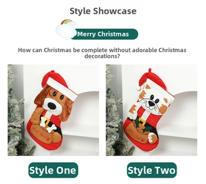 Detail of red striped Christmas stockings with cute plush cat and dog cartoon characters