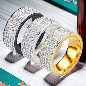Three-piece set of wide titanium steel rings with pavé cubic zirconia in black gold silver