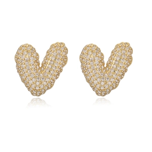 18K gold plated heart stud earrings with bubble texture and pavé cubic zirconia