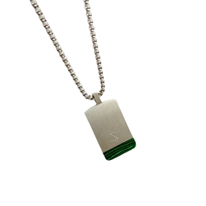Silver rectangle pendant with green malachite stone and engraved cross on box chain