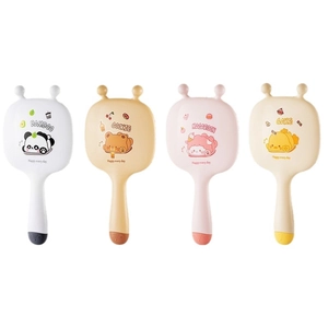 Set of four colorful handheld makeup mirrors with cute cartoon prints and handles