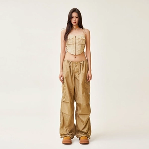 Women's vintage khaki cargo paratrooper pants and zip-up cropped vest set
