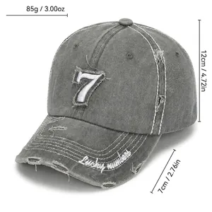 Distressed grey baseball cap with embroidery number 7 and lucky numbers on brim