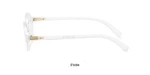 Detail view of oval eyeglasses frames in clear acetate with gold metal accents and size specs