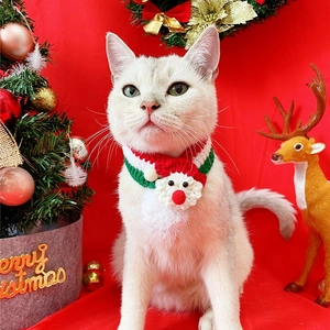 Handmade crochet pet Christmas collar with Santa Claus decor on a white cat