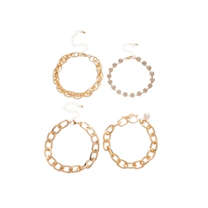 Chic 4-piece gold chain bracelet set with pearl and rhinestone accents on white background