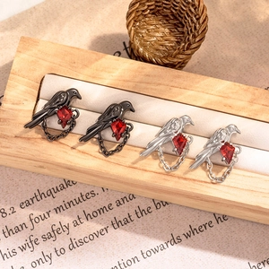 Gothic raven stud earrings with red kite zircon and chains in black and silver