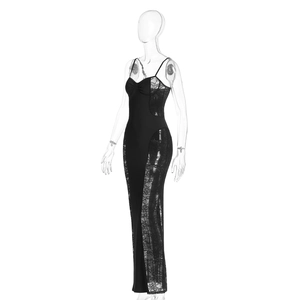 Detail of elegant black lace side panels on a slimming long strap dress for women