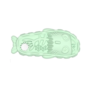 Light green fish-shaped TPR dog chew toy with durable fishbone relief texture