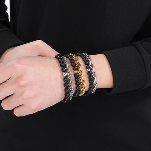 Men's multilayered black onyx bead bracelet with vintage stainless steel cuban link chains