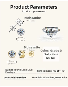 Detailed size chart for S925 silver moissanite stud earrings showing 5mm and 6.5mm options
