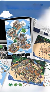Macro view of 2.5D architectural scenery stickers with interior and beach themes