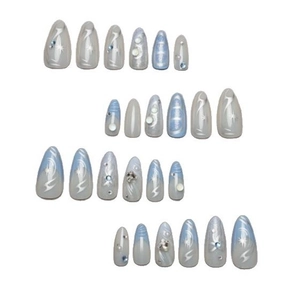Faux ongles œil de chat bleu glacé avec nœuds 3D et dégradé scintillant de paillettes