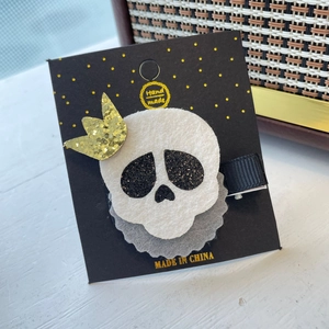 Cute Halloween ghost skeleton hair clip with gold glitter crown and felt details