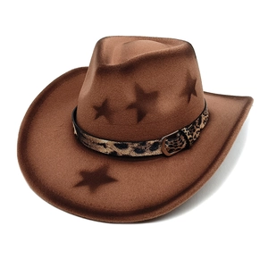Brown wool felt cowboy hat with star embossing and leopard print decorative band