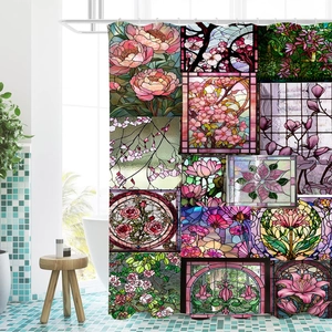 Detailed stained glass floral shower curtain made of waterproof polyester fabric