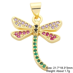 Detailed view of dragonfly pendant with colorful gems, 21.7x18.3x3mm size and 1.7g weight