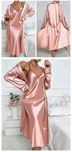 Detailed view of pink satin robe set with black piping and delicate V-neck slip dress