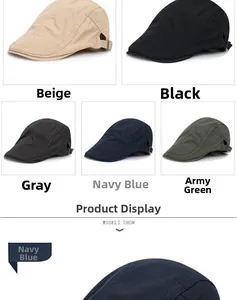 Detail showing five casual cotton flat caps in beige, black, grey, navy blue, and army green