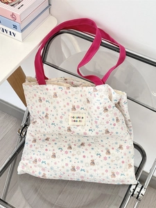 Cute printed cat canvas tote bag with pink handles and large capacity for daily use