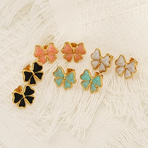 Fashion Bowknot Stud Earrings Stainless Steel Earring Post 18K Gold Plated Enamel Oil Dripped Butterfly Jewelry Women