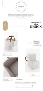 L-shaped light grey fabric stair basket with brown leather handles and cotton linen texture