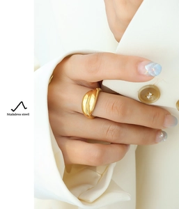 Close-up of 18K gold plated stainless steel ring worn on index finger with text detail