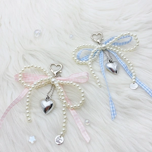 Bow Keychain Imitation Artificial Pearl Alloy Polyester Ribbon Heart Pendant Gingham Ribbon Bag Charm Key Holder Sweet French Style