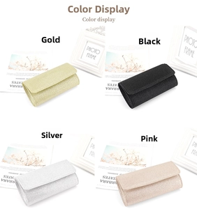 Glitter acrylic evening clutch bags shown in gold black silver and pink color options