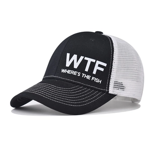 Black and white WTF Where's The Fish mesh trucker hat with contrast stitching