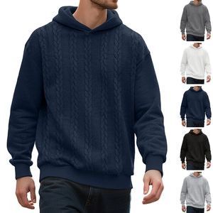 Men's navy thick cable knit hoodie with long sleeves and drawstring hood details