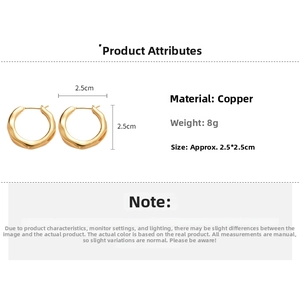 Detailed view of 18K gold plated hoop earrings with textured finish and product dimensions
