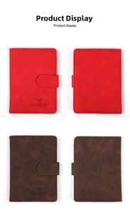 Detail showing red and brown passport covers with snap closure and plane icon embossed