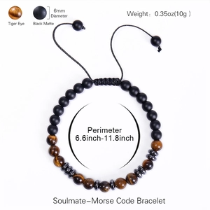 Soulmate morse code bracelet with natural tiger eye stones and adjustable black beads