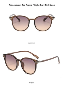 Front and 45-degree views of tea-colored round sunglasses with gradient grey-pink lenses
