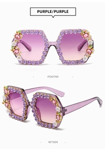 Detailed front and side view of purple hexagon sunglasses with crystal bees and flowers