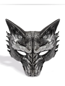 Close-up of wolf mask with distressed black and silver metallic texture for masquerade
