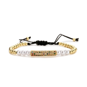Adjustable micro-pasted zircon braided bracelet with gold beads and faux pearls
