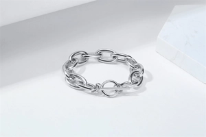 Detail shot of a silver thick link chain bracelet with a toggle clasp and polished finish