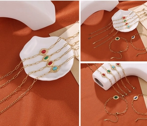 Detail view of gold paperclip chain bracelet with colorful oval turquoise gemstones