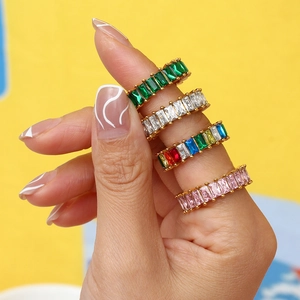 Classic 18K gold plated stainless steel rings with colorful zircon baguette stones