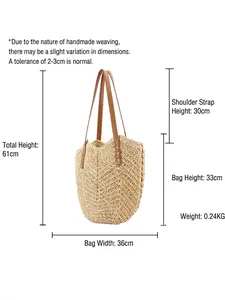 Minimalist beige woven paper rope tote bag with brown leather straps and dimensions