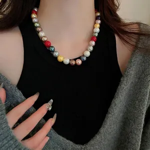 Colorful round pearl necklace for women featuring elegant multi-color pearls style